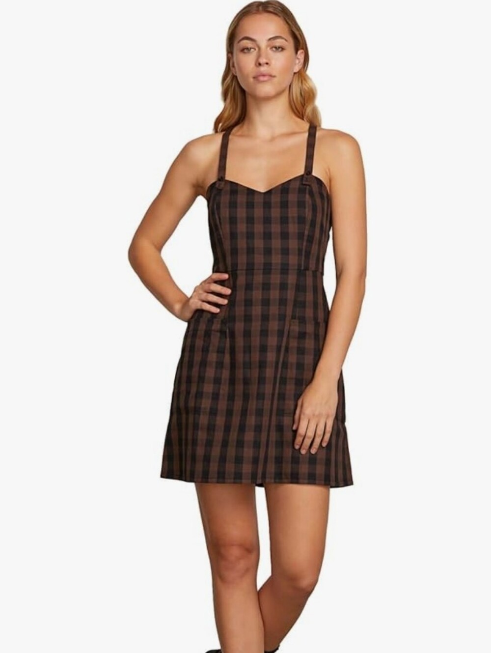 Volcom Dare 2 Bloom Plaid Cami Mini Dress Brown Black Checkered Plaid L NWT